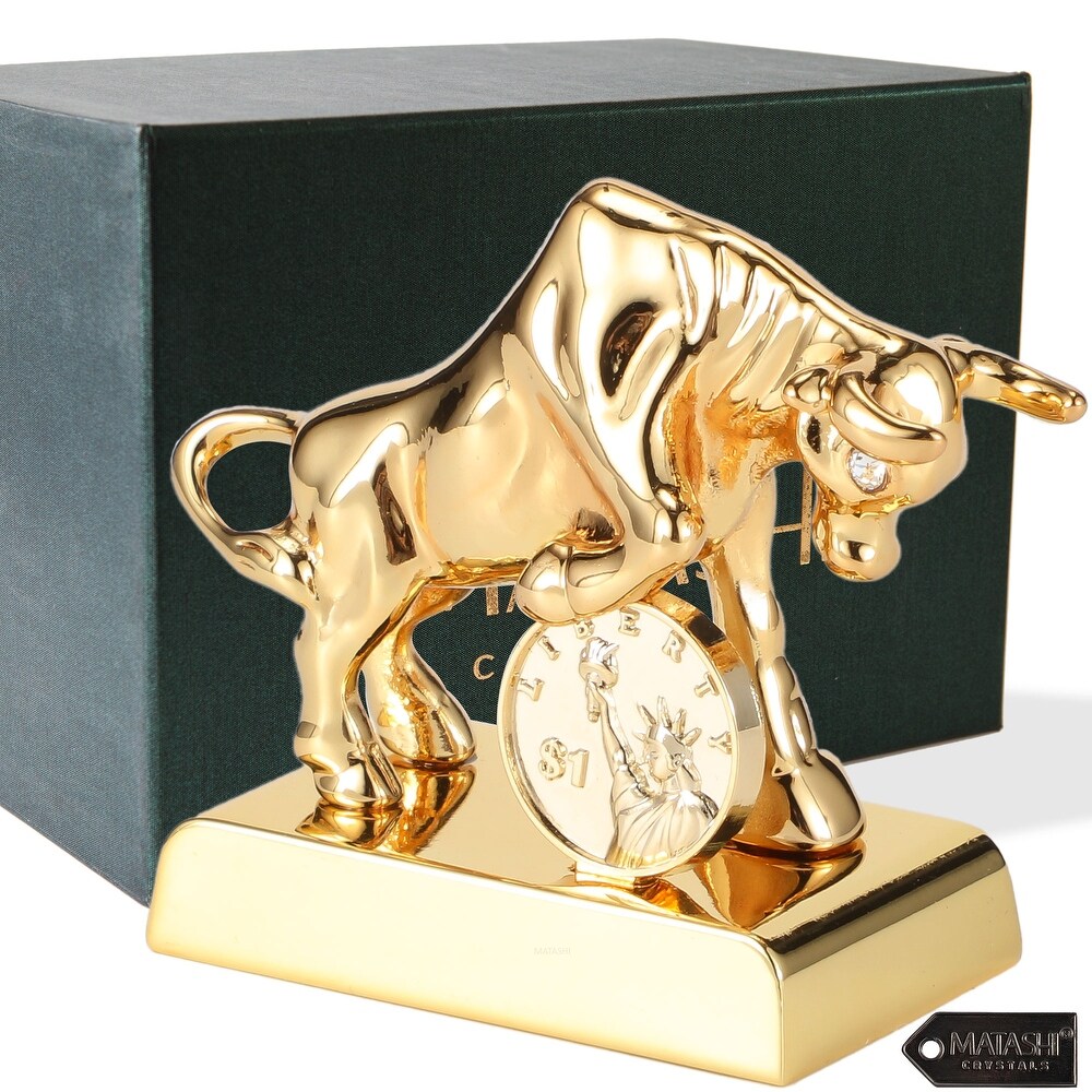 Matashi 24K Gold Plated Crystal Studded Ox/Bull Figurine with Coin Ornament Collectible Gift  Ox Wealth Statue  Bull Statue