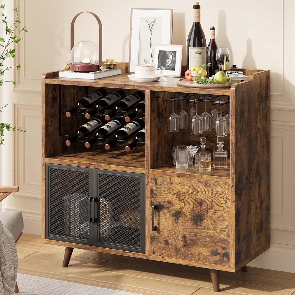 Industrial Liquor Coffee Bar Cabinet with Wine Rack Storage and Mesh Doors