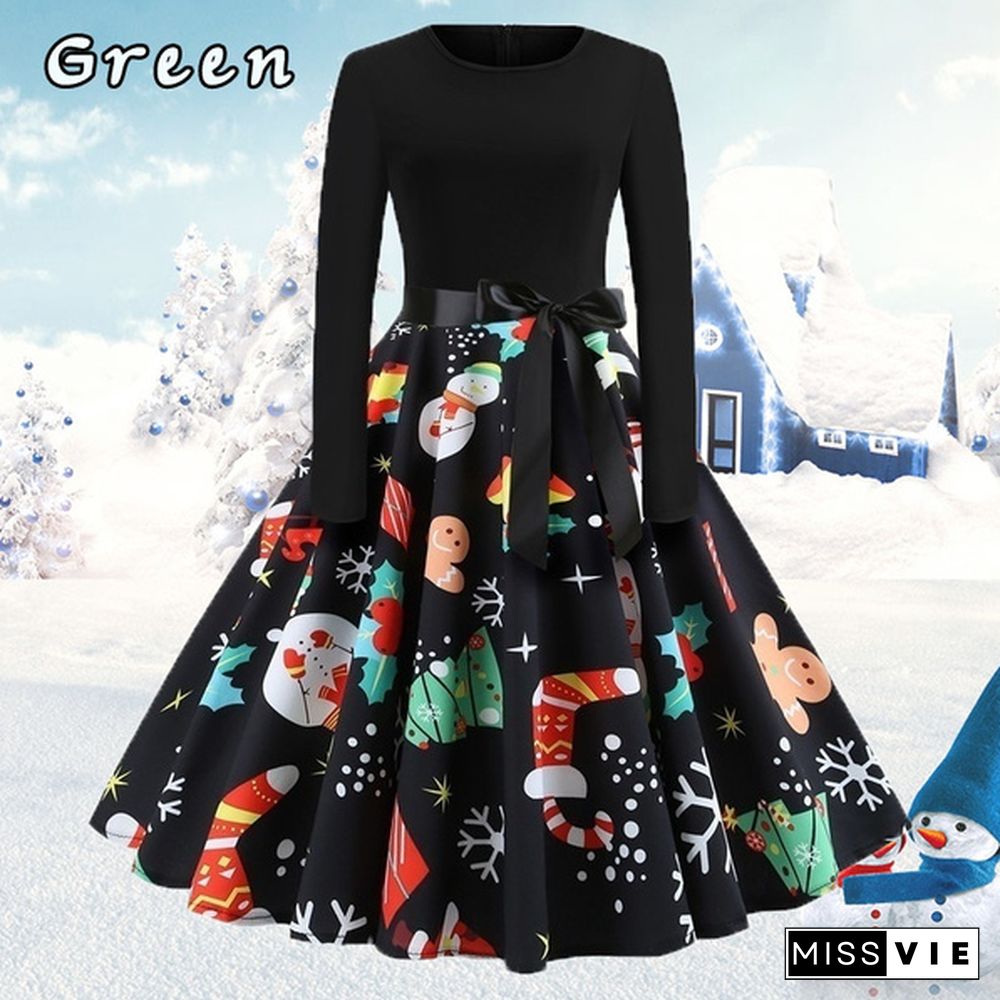 Dresses for Women Party Christmas Round Neck Belt Prom Dresses Halloween Costumes Long Sleeve Dresses Elegant Pumpkin Santa Claus Printed Evening Pleated Dresses