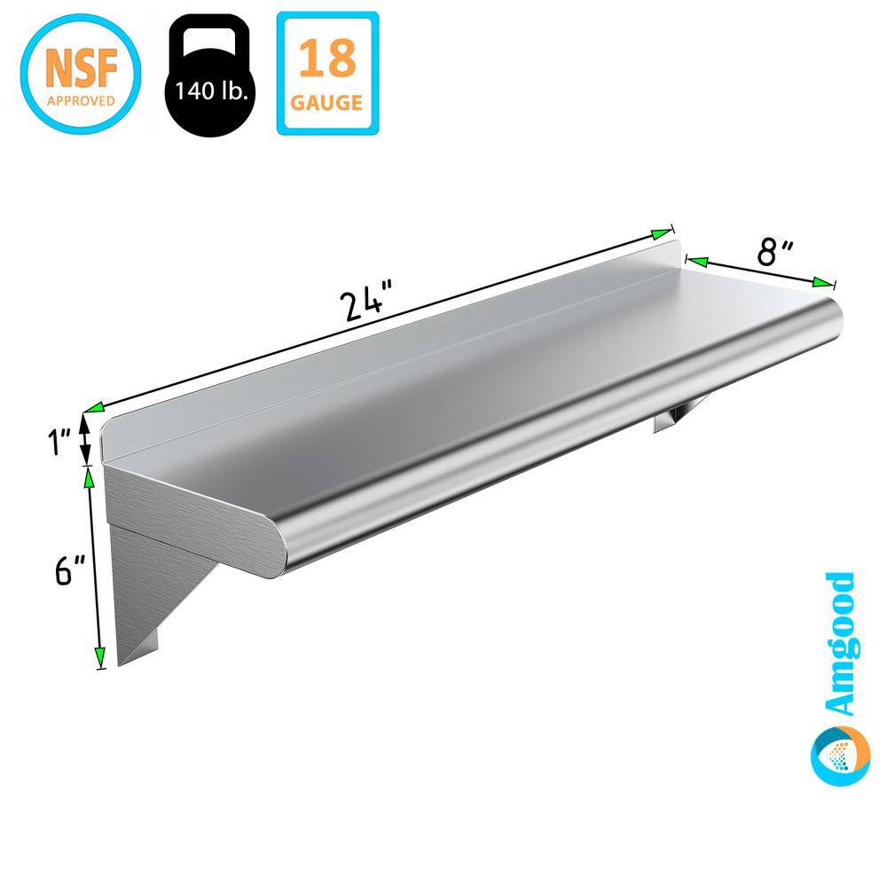 AMGOOD 8 in. x 24 in. Stainless Steel Wall Shelf. Kitchen Restaurant Garage Laundry Utility Room Metal Shelf with Brackets AMG WS-0824