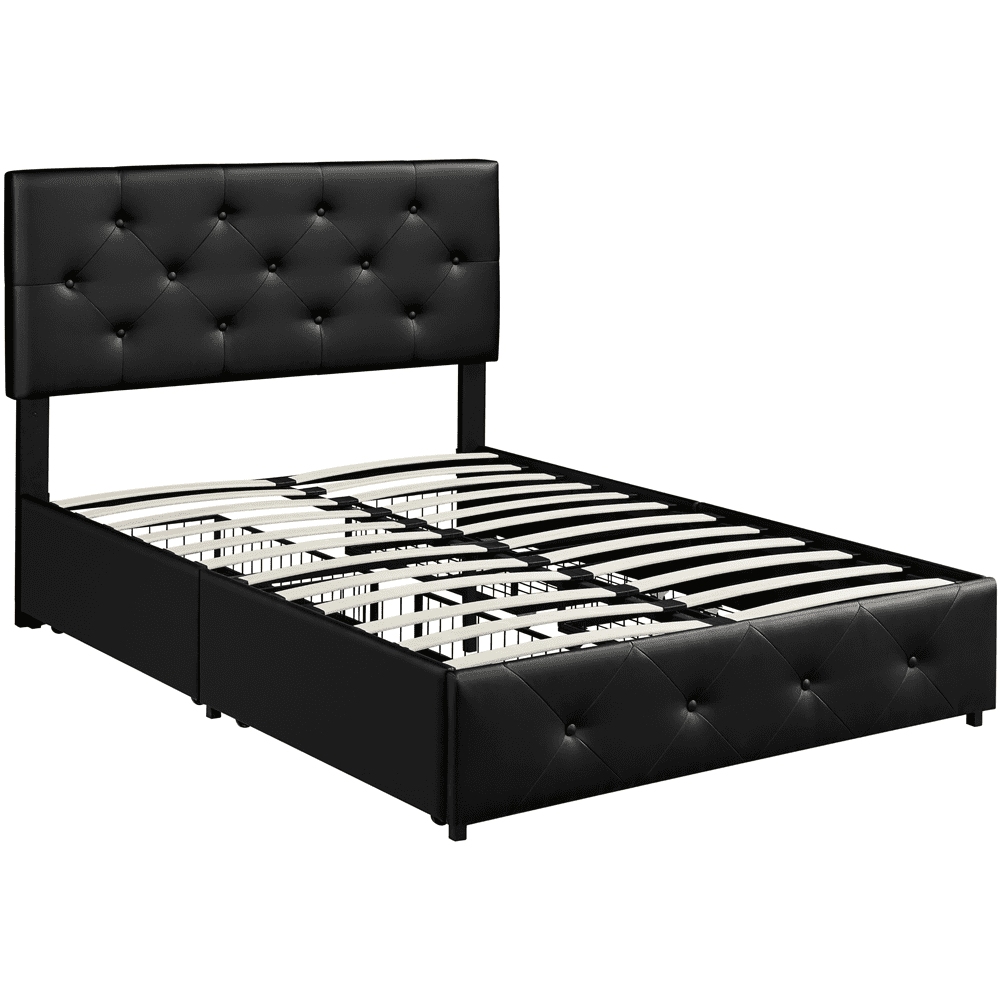 Topeakmart Full Size Upholstered Platform Bed Mattress Foundation with 4 Drawers Storage, Black