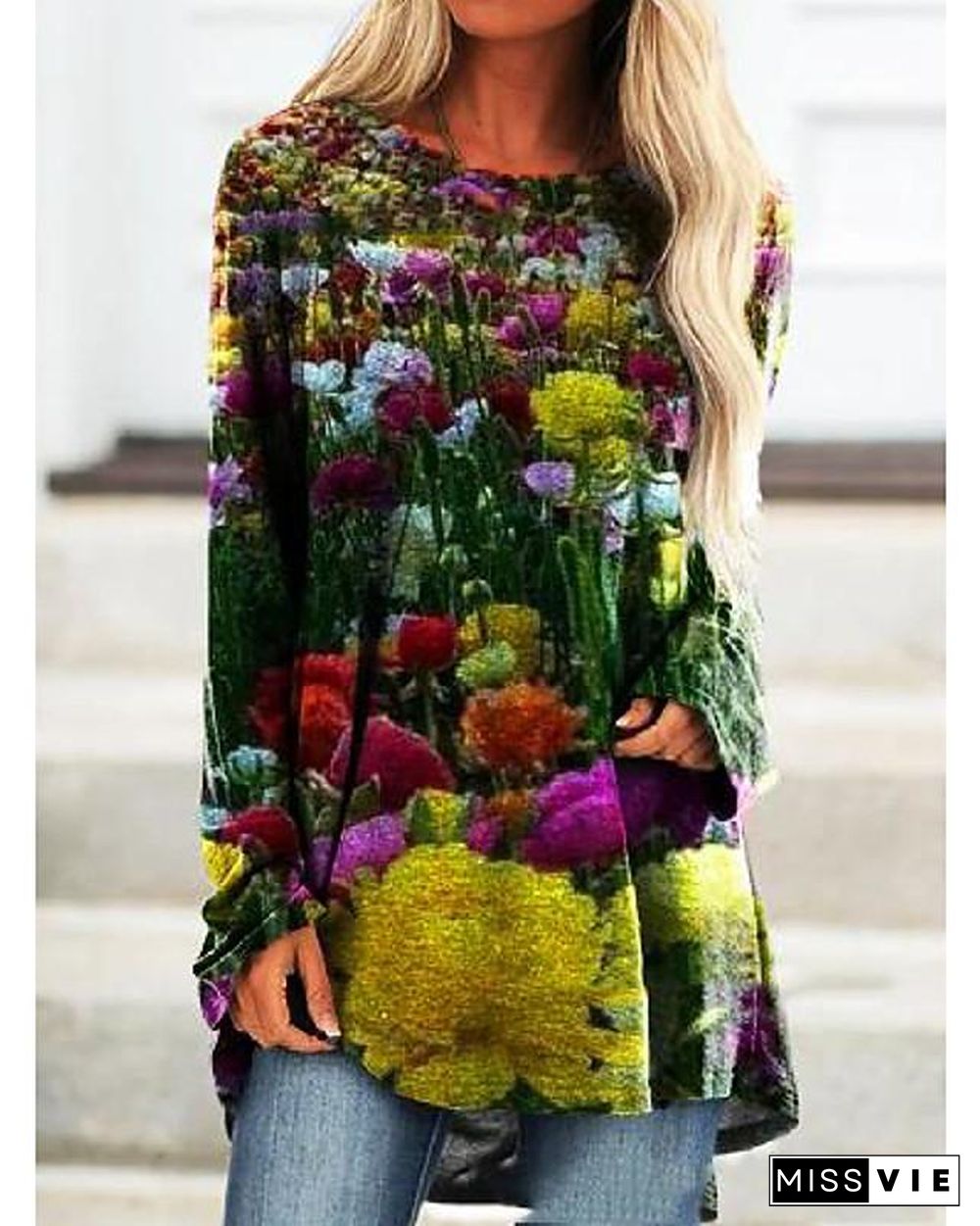 Women's T Shirt Dress Tee Dress Knee Length Dress Long Sleeve Floral Patchwork Print Fall Spring Casual Vintage Green S M L XL XXL 3XL