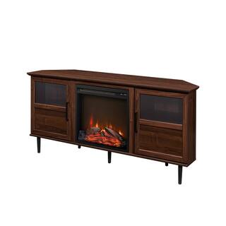 Welwick Designs 54 in. Dark Walnut Wood Electric Fireplace Corner TV Stand Fits TVs up to 60 in. with Split-Glass Doors HD9303