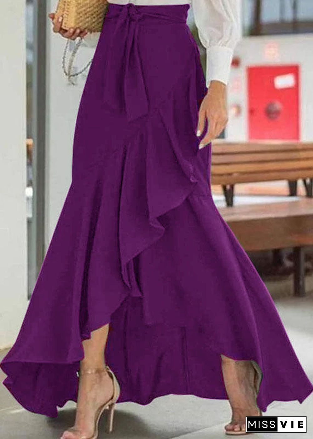 Solid Purple Color High Waist Ruffle High Low Hem Swing Maxi Skirts For Women