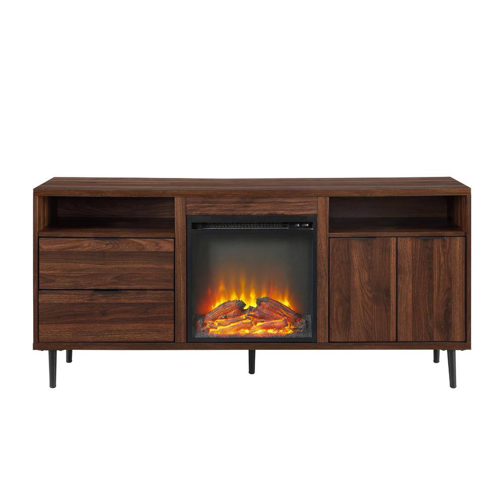 Welwick Designs 60 in. Dark Walnut Composite TV Stand with 2 Drawer Fits TVs Up to 66 in. with Electric Fireplace HD8345