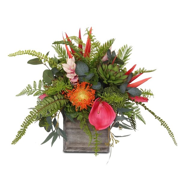 Assorted Tropical Flowers and Greens Silk Flower Arrangement in Pot