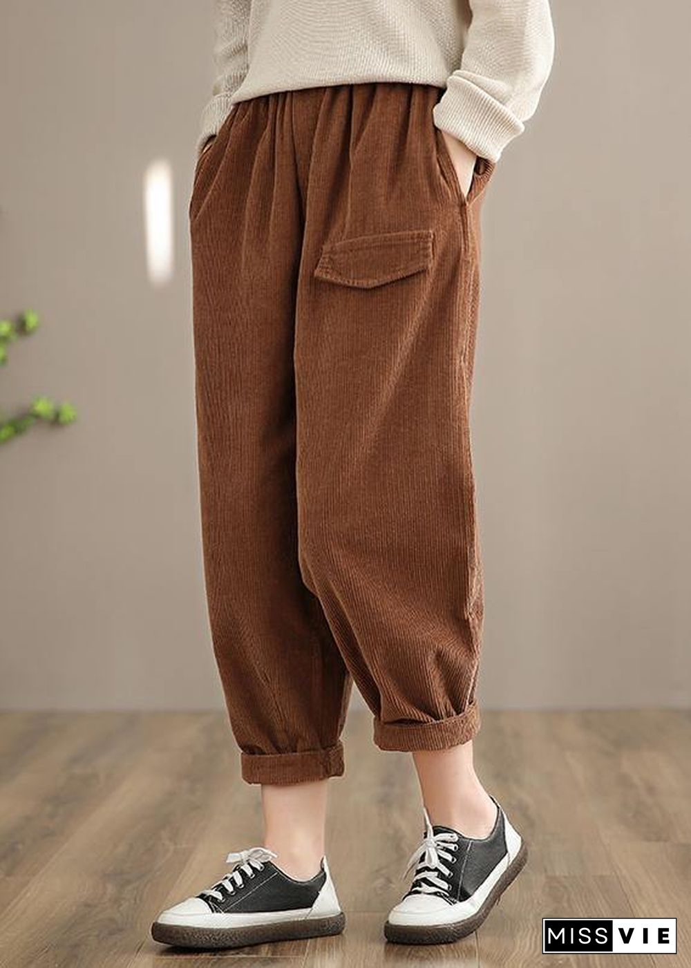 Italian Chocolate Casual Spring Elastic Waist Pockets Wide Leg Pants