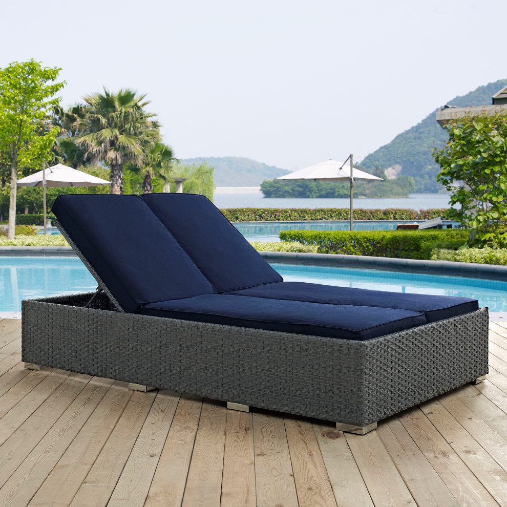 Sojourn Outdoor Wicker Rattan Sunbrella Double Chaise   Tropical   Outdoor Chaise Lounges   by ShopLadder  Houzz