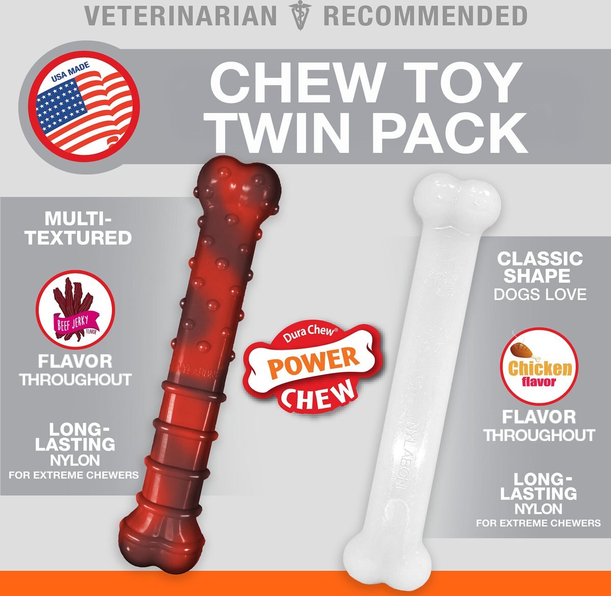 Nylabone Dura Chew Power Chew Beef Jerky and Chicken Flavor Holiday Pack Dog Toy， 2 count