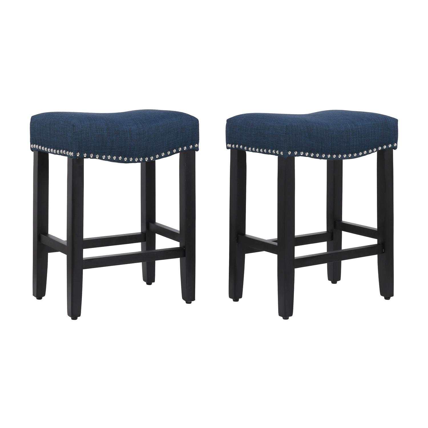 Westin Outdoor Yazan 24 Upholstered Bar Stool with Nail Head Trim (Set of 2)， Black/Navy Blue