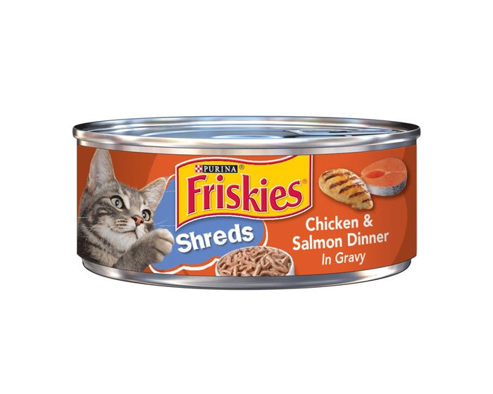 Purina Friskies Shreds Chicken  Salmon Dinner in Gravy Wet Cat Food， 5.5 oz. Can