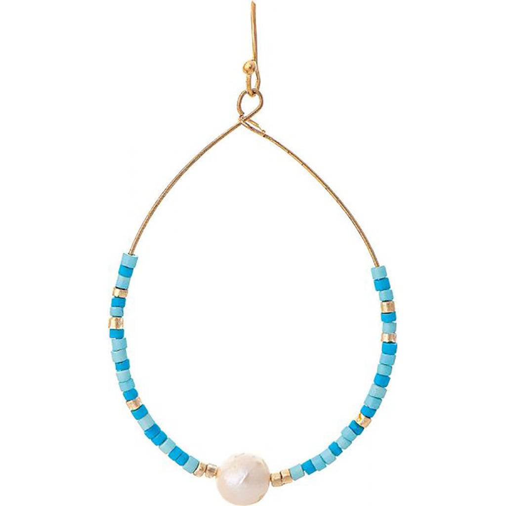 Rain  Gold Blue Bead Pearl Teardrop Earrings