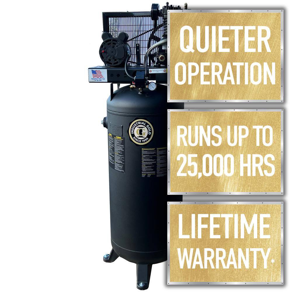 Industrial Gold 60 Gal. 3.5 HP Vertical 1-Phase Low RPM 125-PSI Electric Air Compressor with Quiet Operation CI51E61V