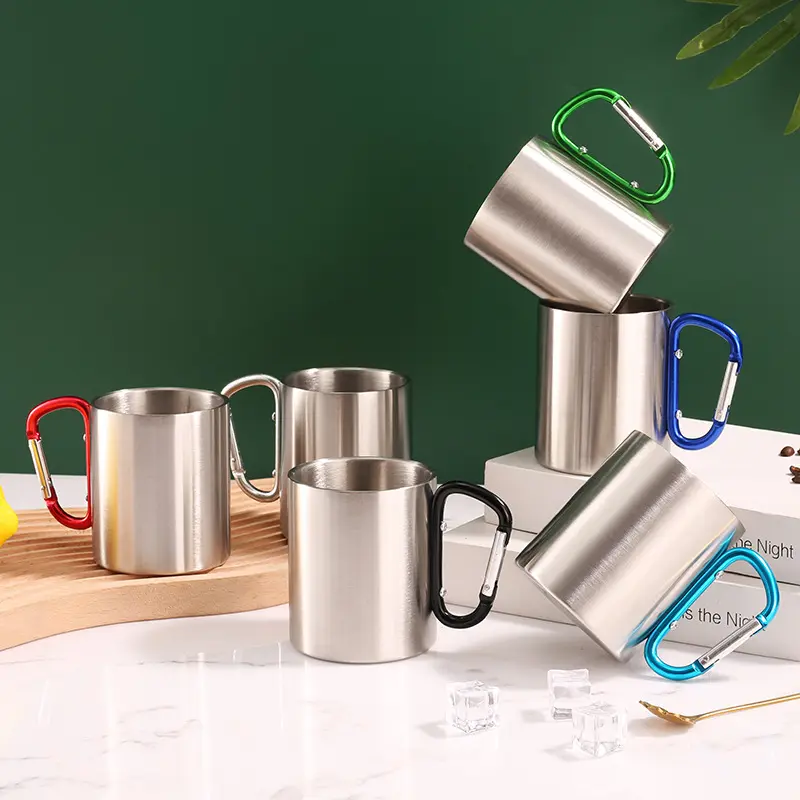 Outdoor Camping Water Cup Coffee Mug  Double Stainless Steel Carabiner Handle Travel Mugs