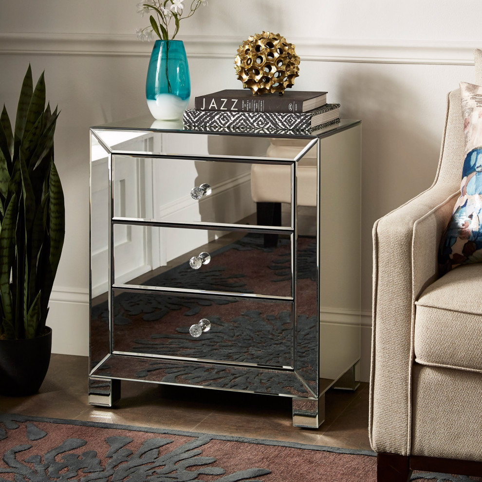 Contemporary Mirrored End Table  3 Spacious Drawers  ampFaux Crystal Knobs  Silver   Contemporary   Side Tables And End Tables   by Decor Love  Houzz