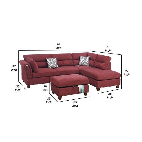 3 Piece Sectional Sofa with Reversible Chaise and Ottoman， Red