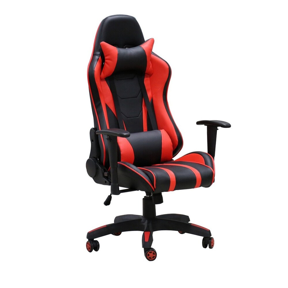 22 Inch Office Gaming Chair  Red  Black Faux Leather with Back Pillows