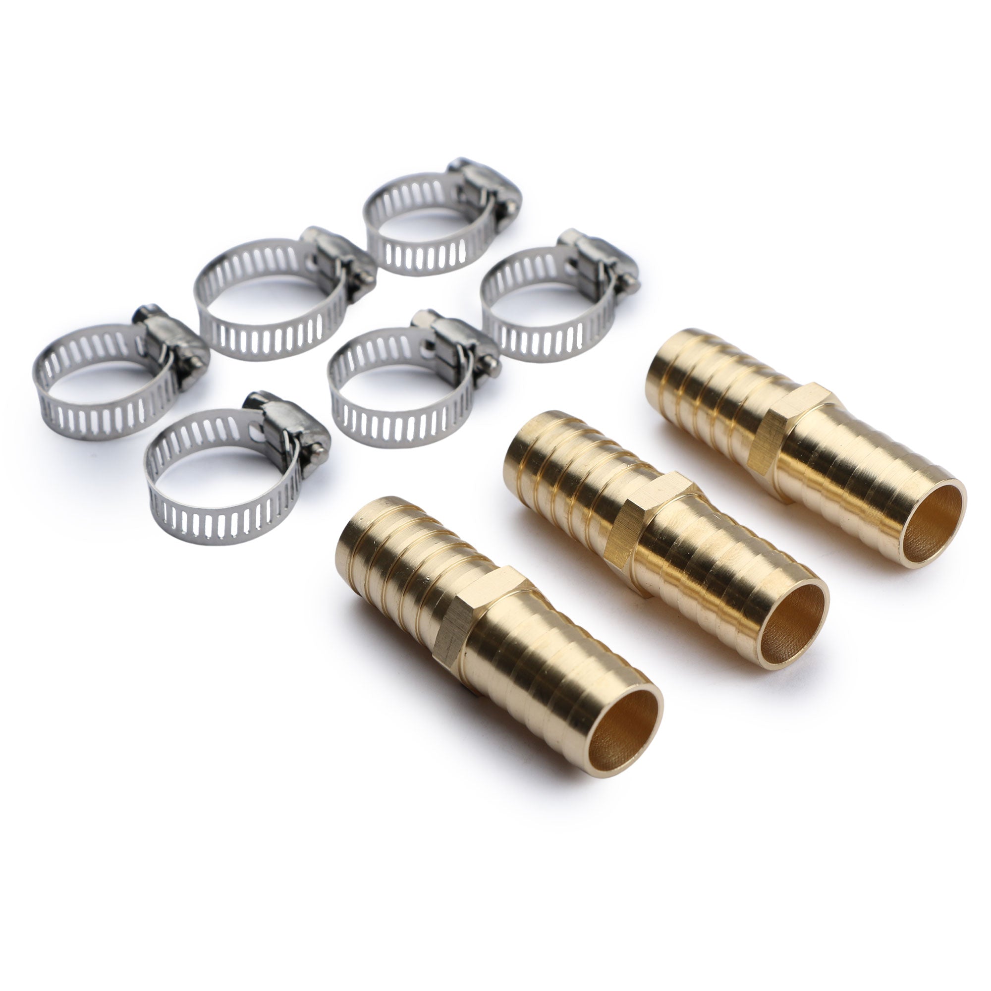 U.S. Solid Brass Hose Barbed Splicer， 3 pcs Round Equal Hose Joint， Brass Hose Fitting Connector， With 6 Clamps， 5/8