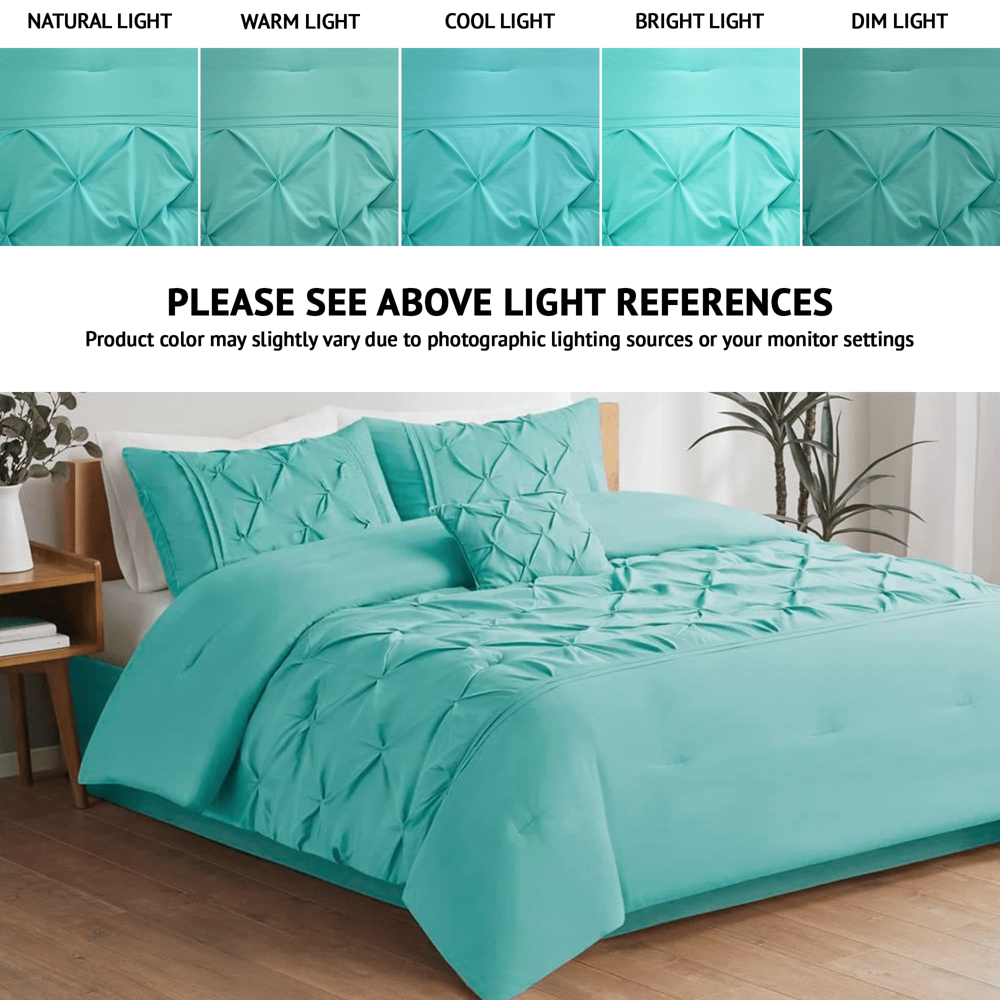 Comfort Spaces Cavoy Faux Silk 5-Piece Tufted Aqua Comforter Set with Bed Skirt and Decorative Pillow， King