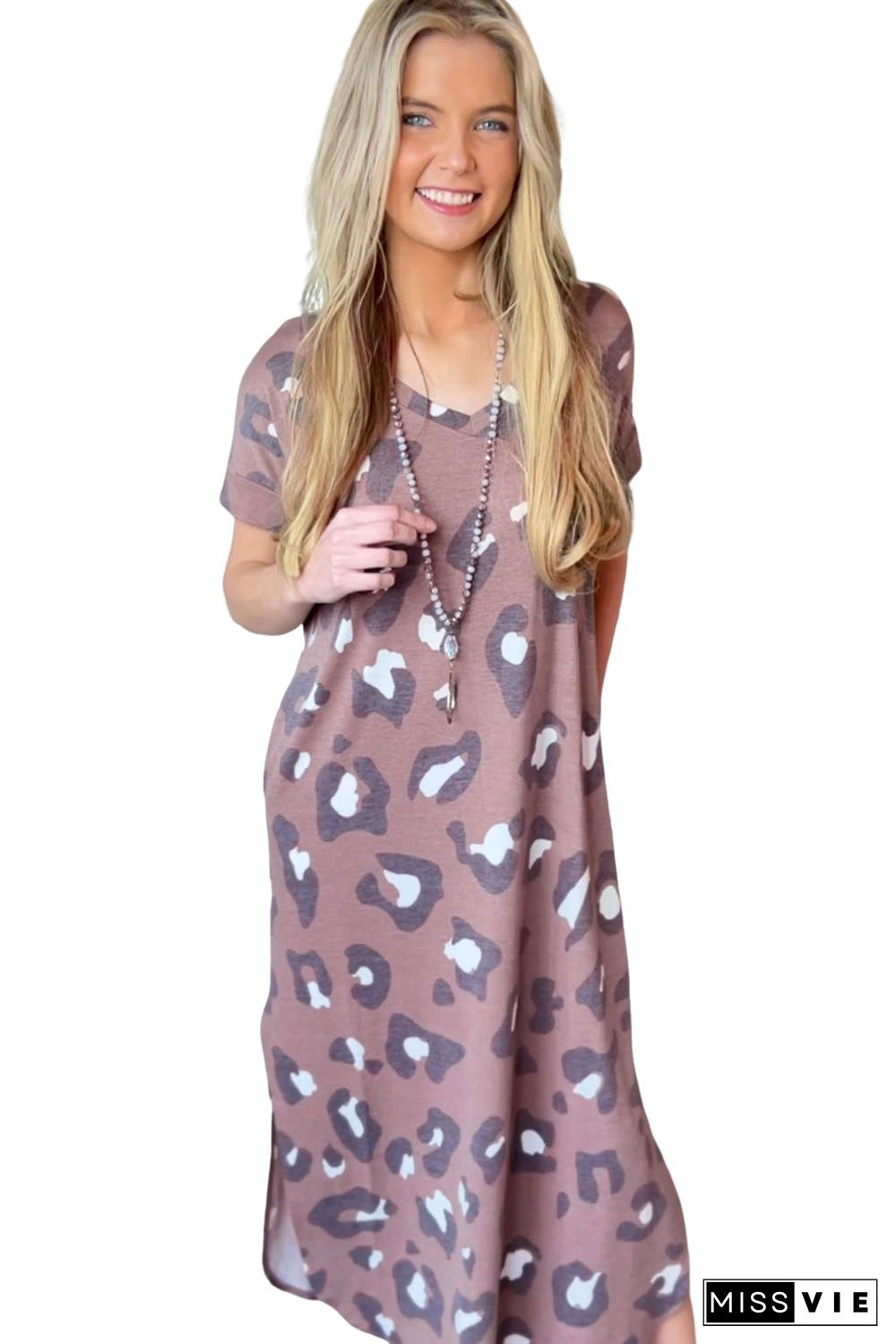 Leopard Print V Neck Long T-shirt Dress