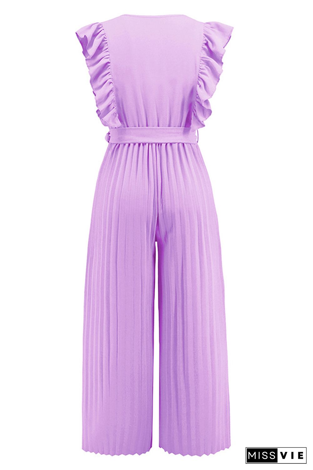 Sleeveless V Neck Ruffle Pleated Wide Leg Jumpsuit