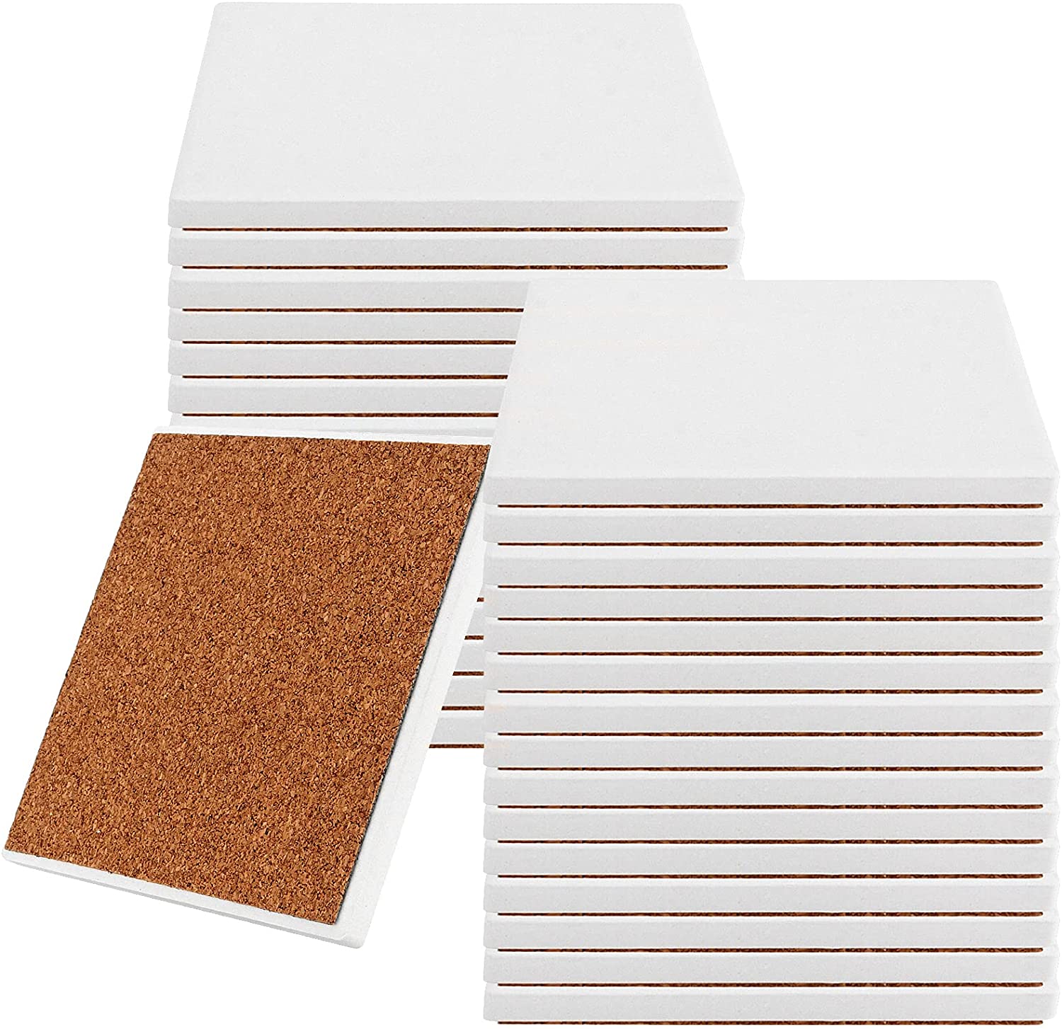 ZEONHAK 30 Pack 4 x 4 Inch Ceramic Craft Tiles， Hexagon Unglazed Ceramic Tiles with Cork Backing Pads， White Absorbent Stone Ceramic Coasters Blanks