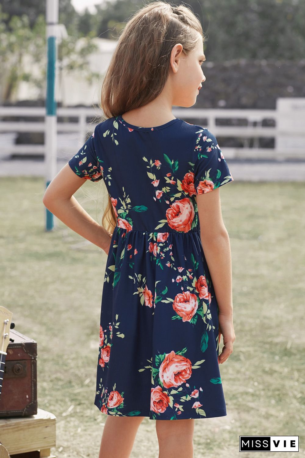 Blue Short Sleeve Pocketed Children's Floral Dress