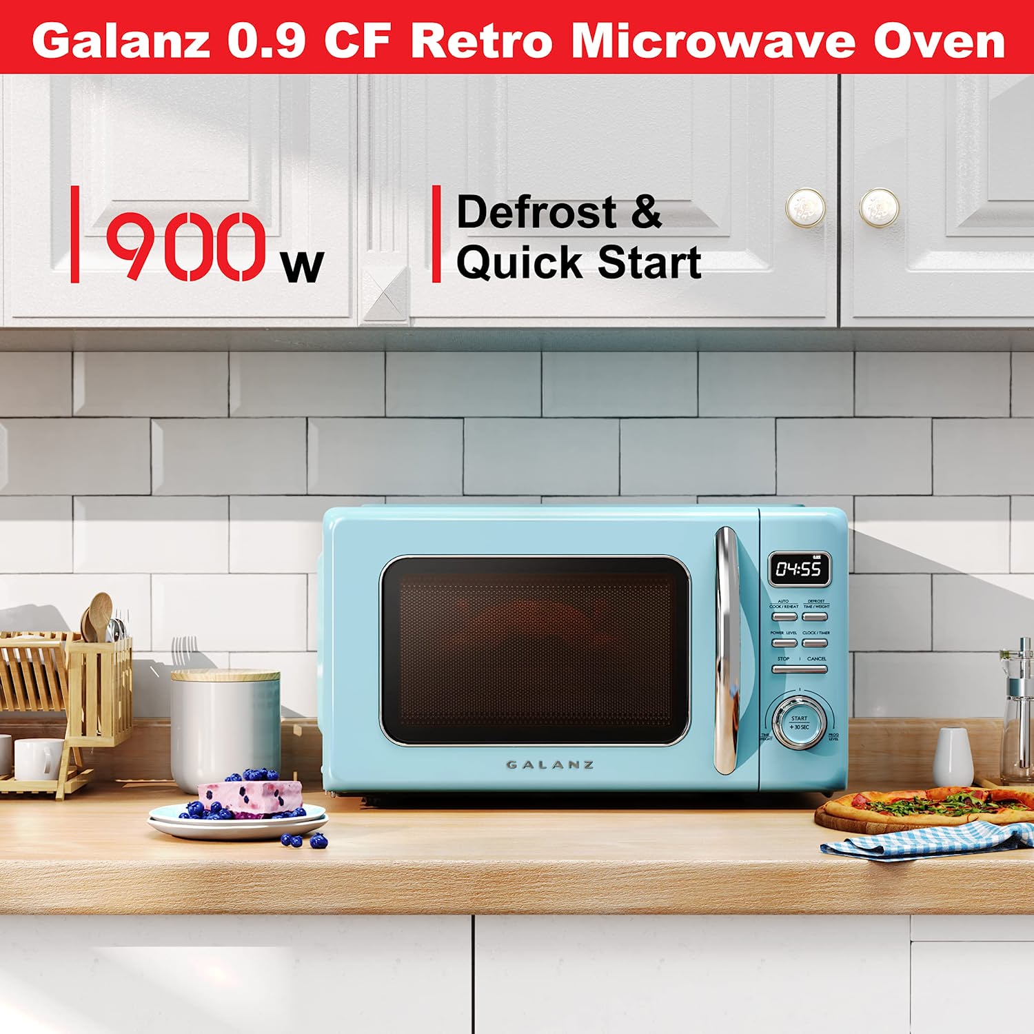 Galanz Retro Countertop Microwave Oven with Auto Cook & Reheat, Defrost, Quick Start Functions, Easy Clean with Glass Turntable, Pull Handle, .9 cu ft, Blue