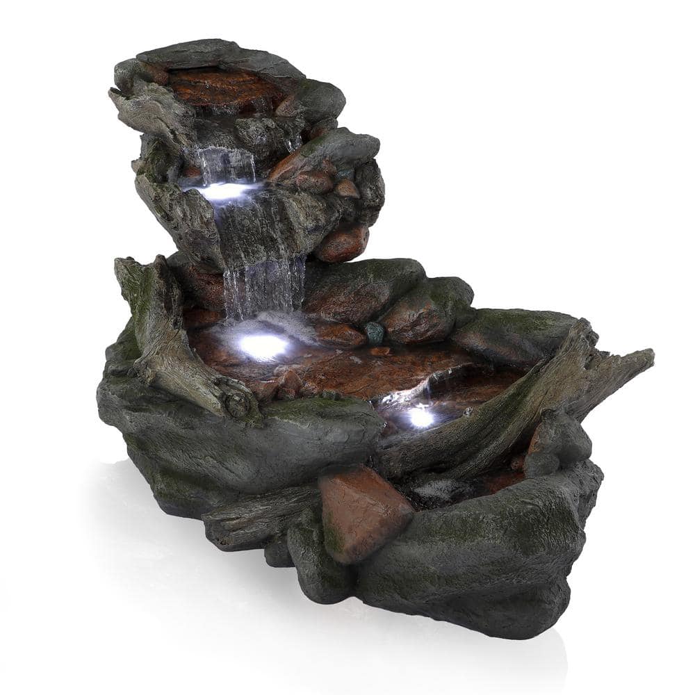 Alpine Corporation 60 in. Long Outdoor 3-Tier Rainforest Rock River Water Fountain with LED Lights WIN558