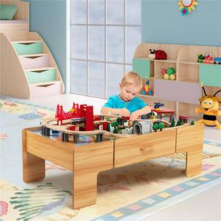 Costway Kids Wooden Train Set and Double-Sided Table Playset with 100-Pieces and Storage Drawer TM10008