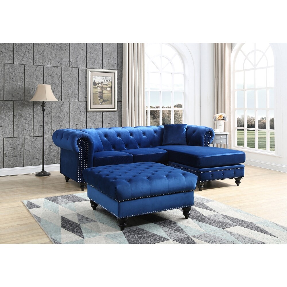 Nola 98 in. Velvet L Shape 3 Seater Sofa with 2 Throw Pillow   98\