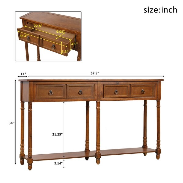 Rectangular Console Table Sofa Table with Drawers and Long Shelf， Walnut