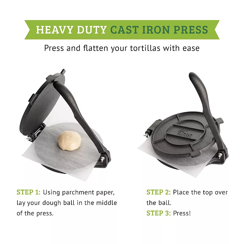 Chef Tacos Authentic Cast Iron Tortilla Press， 8-inch， Pre-seasoned Corn Or Flour Tortilla Maker