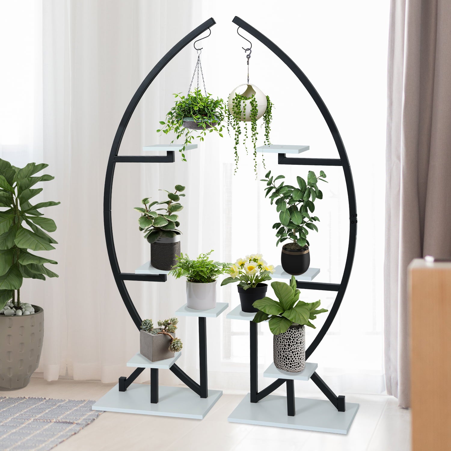 ELECWISH Large Plant Stand Indoor Plant Shelf Stand Half Moon Plant Stands Multi-Purpose Curved Metal Display Rack for Living Room, Garden, Patio(Black White 2 Pack)