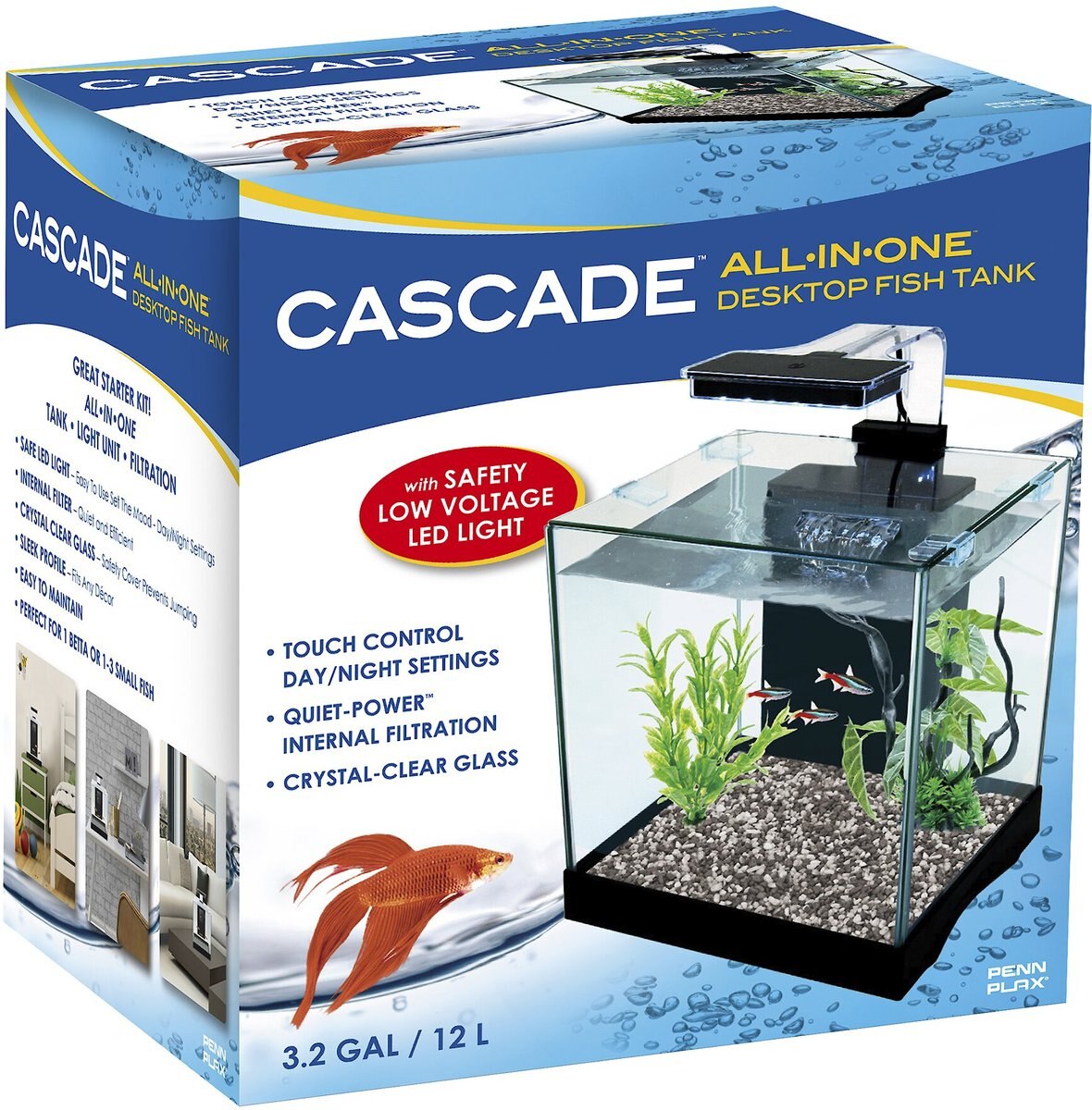 Cascade All-in-One Desktop LED Light Glass Fish Tank Kit， 3.2-gal