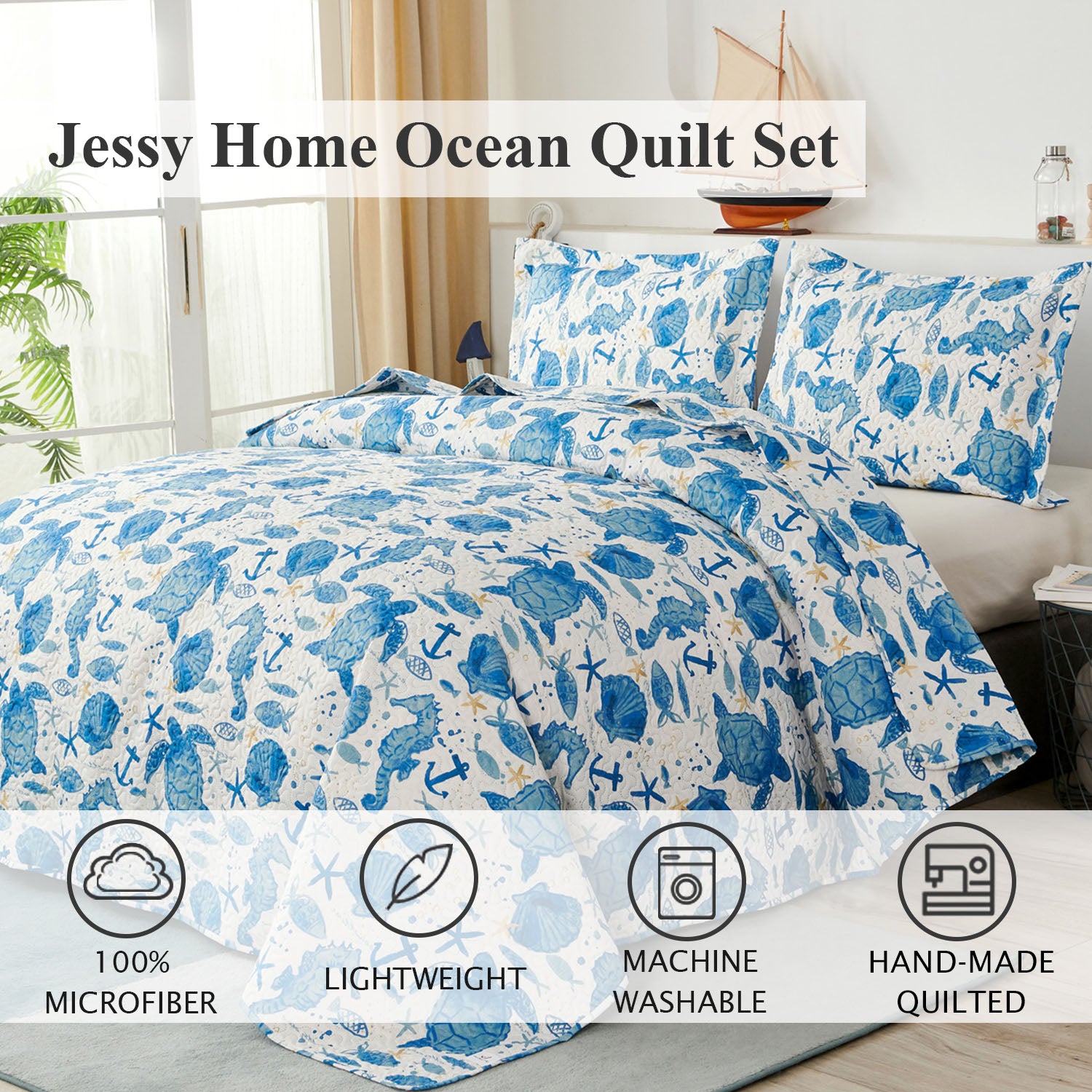 Jessy Home Ocean Quilt Queen/Full Blue Turtle Bedding Microfiber Bedspread Coverlet Set