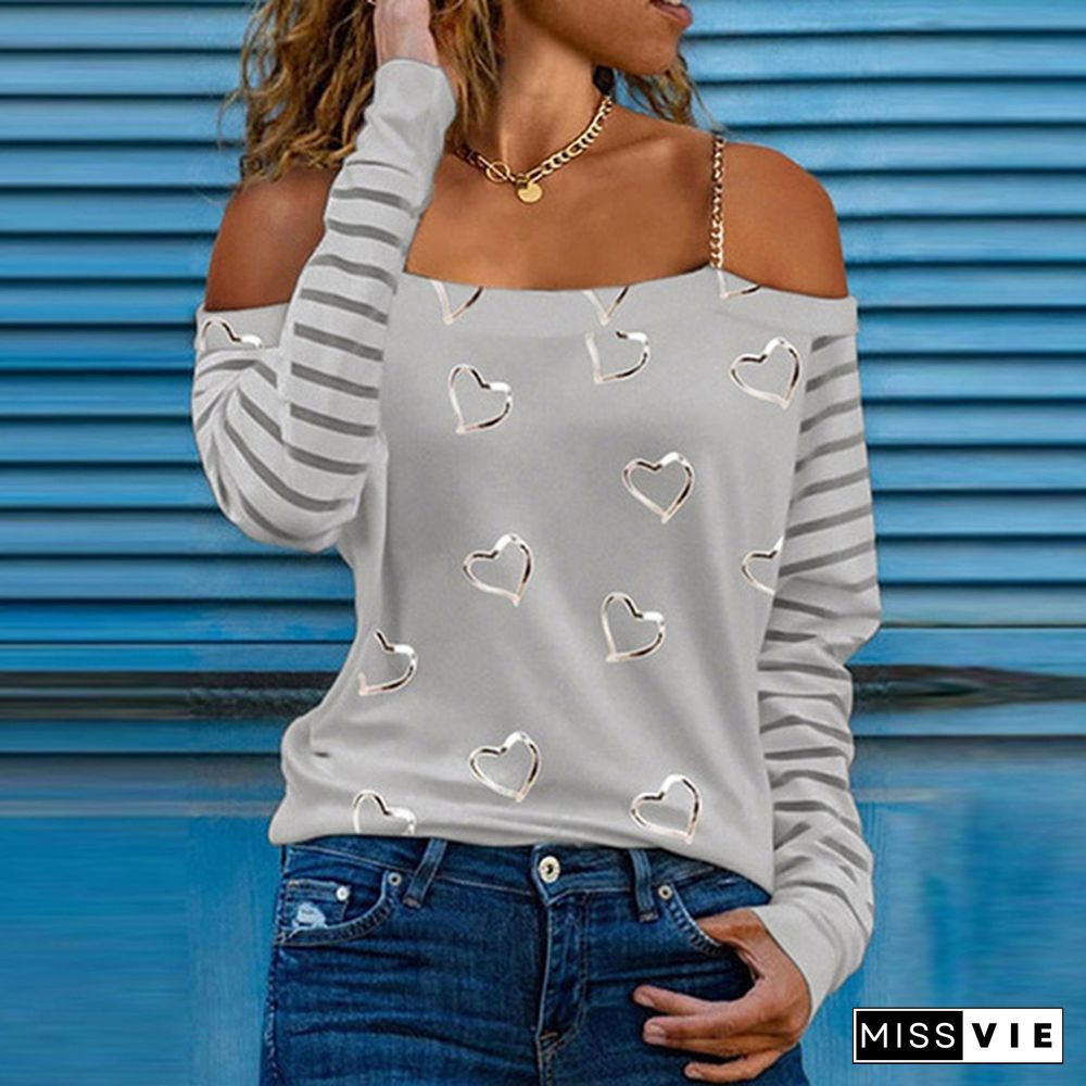 Spring and Early Autumn New Fashion Women's Love Printed Long Sleeve Casual Plus Size Strapless Halter Top Loose Soft and Comfortable Autumn and Winter Bottoming Shirt