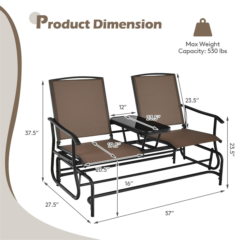 Outdoor 2-Person Rocking Loveseat Patio Bench Glider Chair with Center Tempered Glass Table