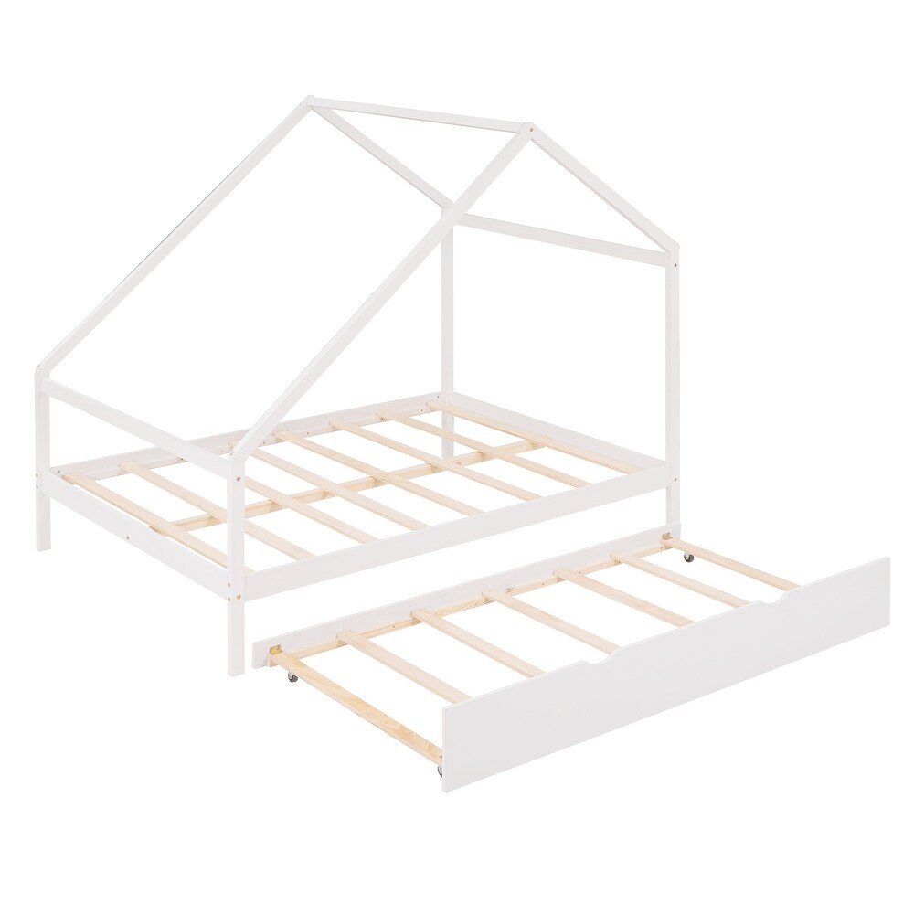 Full Size Wooden House Bed Simple Daybed Frame with Twin Size Trundle Suitable for DIY Decor Ribbons or Lanterns on Eaves