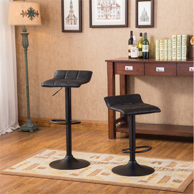 Roundhill Furniture Belham Black Round Top with Black Leg And Base Metal Bar Table and 2 Swivel Black Bonded Leather Adjustable Bar Stool Bar Sets