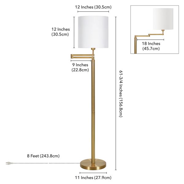 Moby Swing Arm Floor Lamp with Fabric Drum Shade in Brass/White