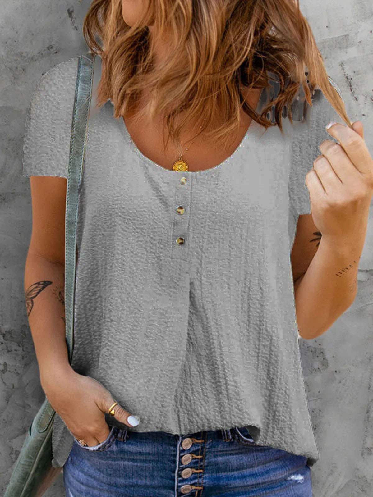 Round Neck Casual Loose Solid Color Short-sleeved Blouse