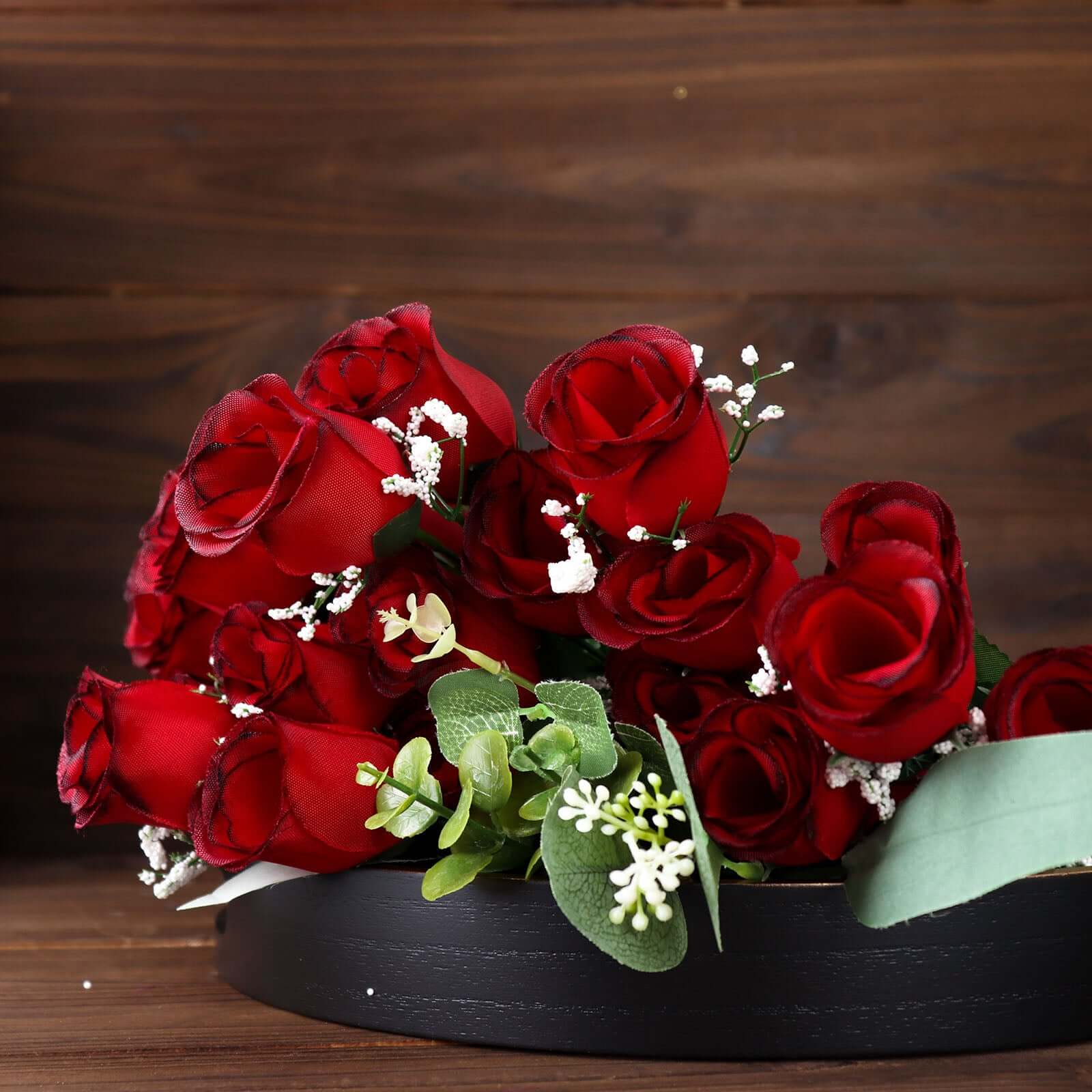 12 Bushes Red, Black Artificial Premium Silk Flower Rose Bud Bouquets