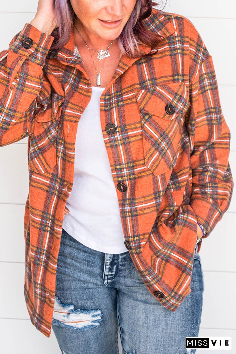 Orange Plus Size Plaid Pocketed Long Sleeve Shirt