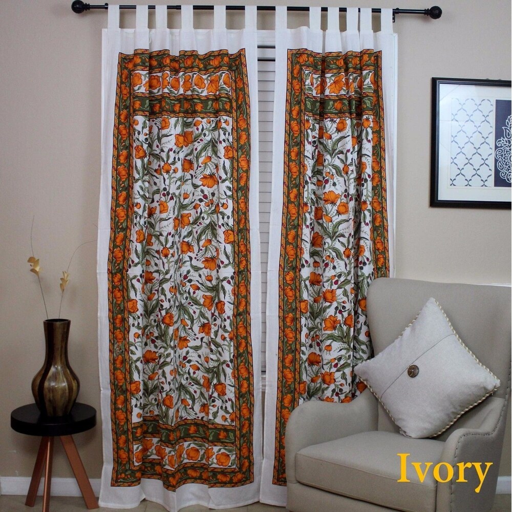 Handmade French Floral Tab Top Curtain 100% Cotton Drape Door Panel in Ivory Blue Black Amber   Violet   44 x 88