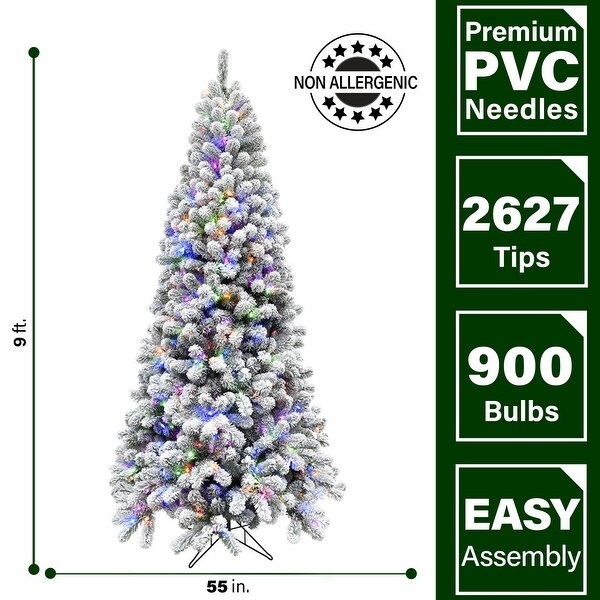 Fraser Hill Farm 9Ft. Flocked Alaskan Pine Christmas Tree with MultiColor LED String Lighting