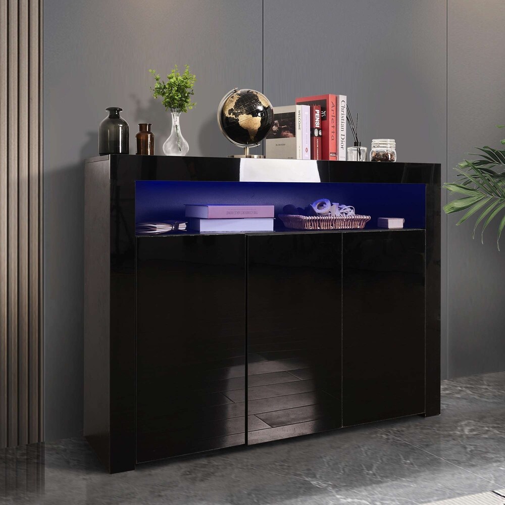 Modern Sideboard Storage Cabinet Black High Gloss with LED Light