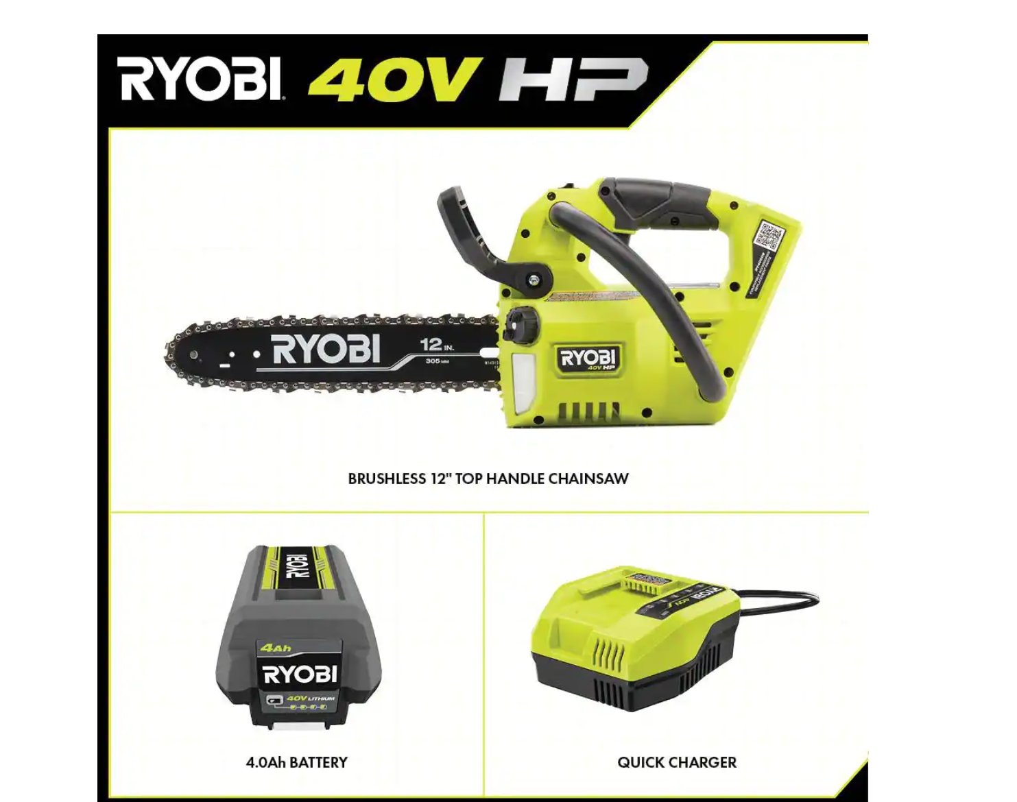 RYOBI RY40590 40V HP Brushless 12 in. Top Handle Cordless Battery Chainsaw with 4.0 Battery and Charger