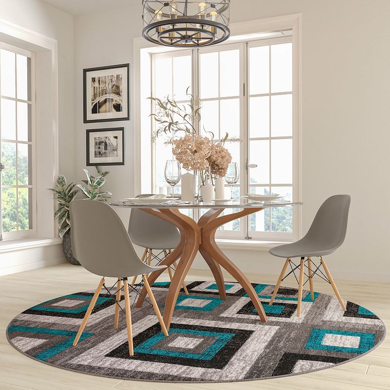 Masada Rugs Newton Collection Modern 8'x8' Round Accent Rug with Geometric Square Pattern in Turquoise， Gray and White