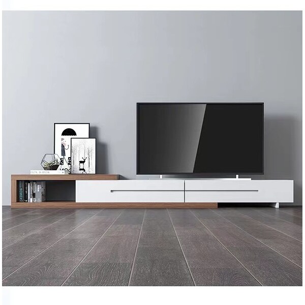 Modern Extendable White/Black TV Stand， Wood Media Console for Up to 70 Inch TV with 2 Drawers，78